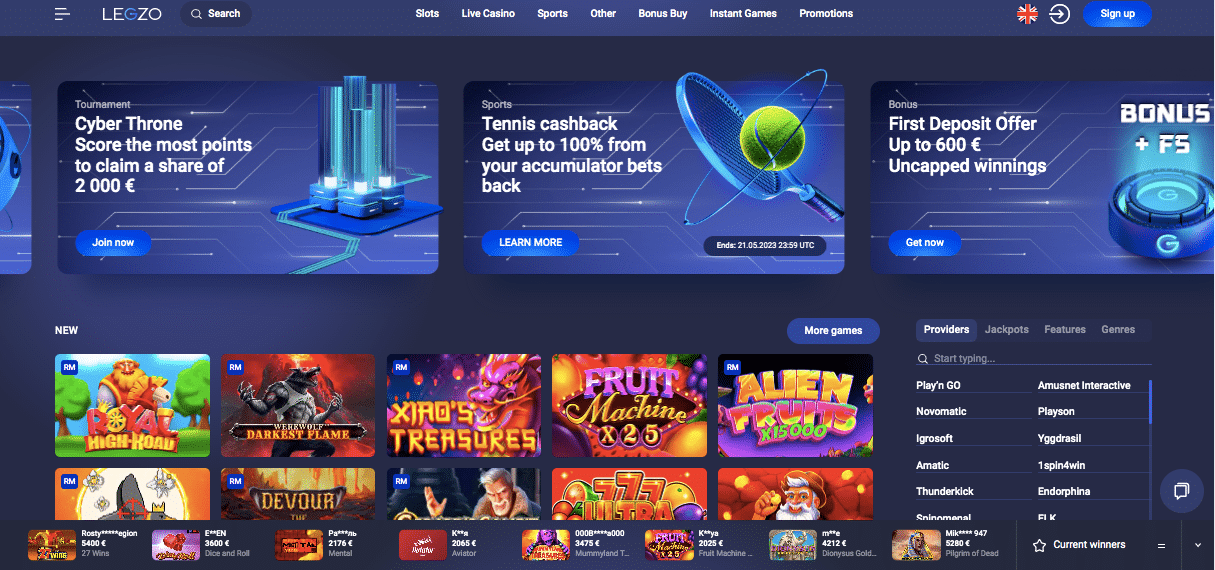 Screenshot of Legzo online casino lobby